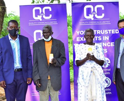 From L-R: Nicholas Katongole, Head of Public Health Quality Chemicals, Tito Okema, Bincentina Alal, their son together with Ajay Mahadik the General Manager of QCL after having over the termidor donation